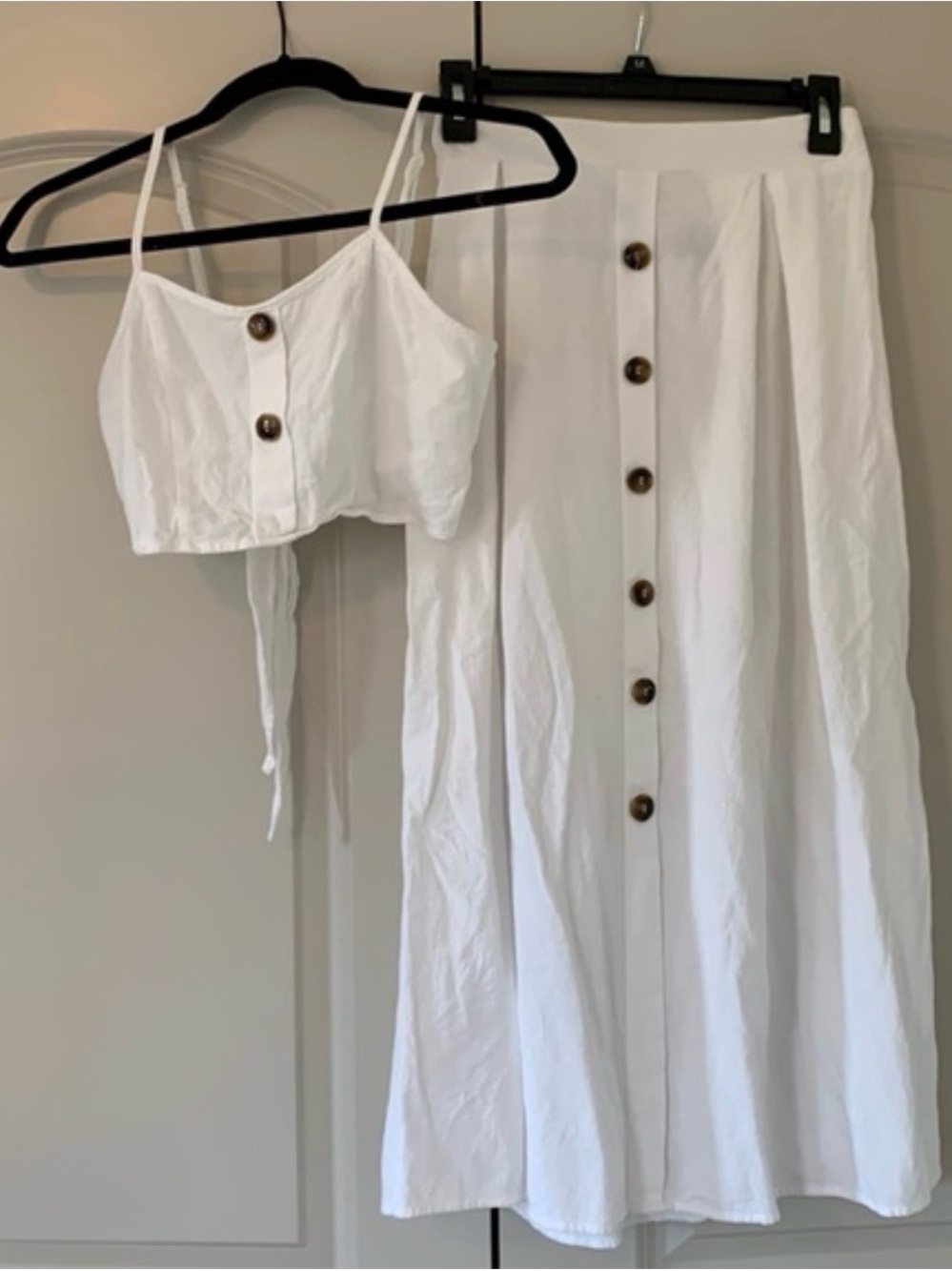 White Linen 2 Piece Skirt Set Button-Front Maxi Skirt and Top Size L